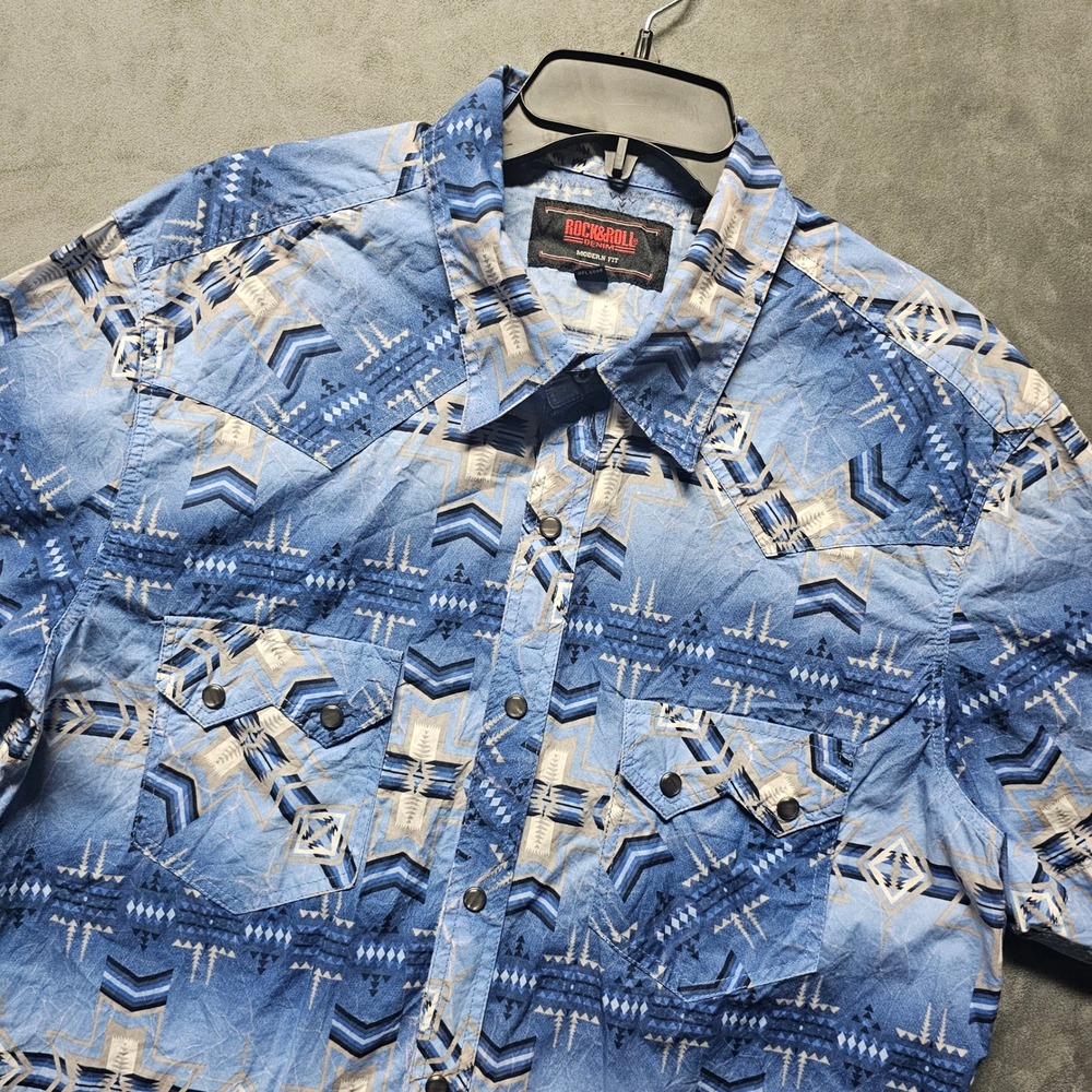 Rock and Roll Denim Mens Blue Aztec Western Snap Shirt Modern Fit Large B1S9406